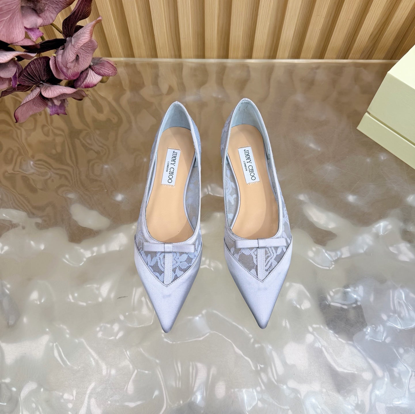 JIMMY CHOO 26S FLATS IN PASTEL BLUE LACE AND SATIN