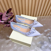 JIMMY CHOO 26S FLATS IN PASTEL BLUE LACE AND SATIN