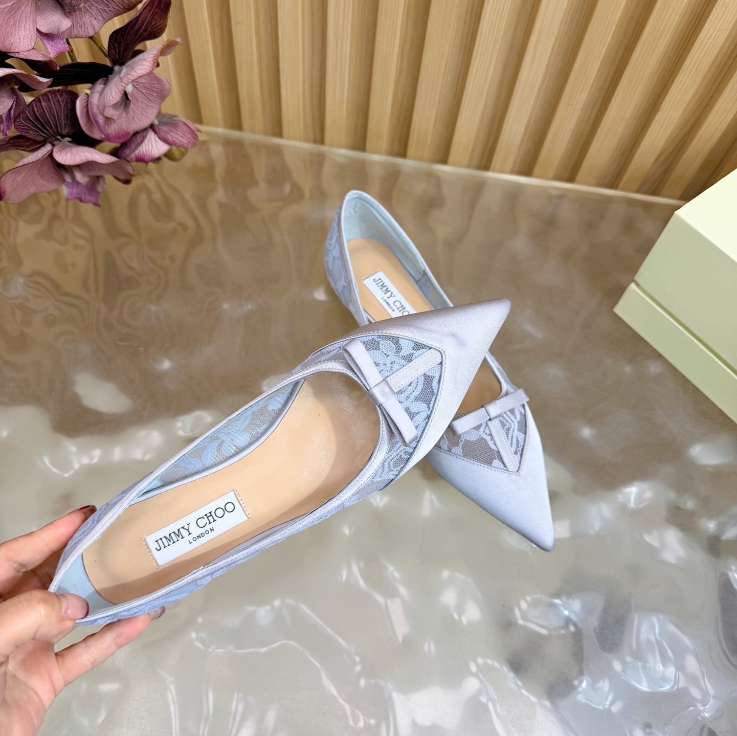 JIMMY CHOO 26S FLATS IN PASTEL BLUE LACE AND SATIN