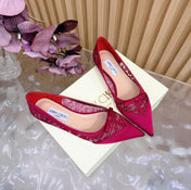 JIMMY CHOO 26S FLATS IN RED LACE AND SATIN