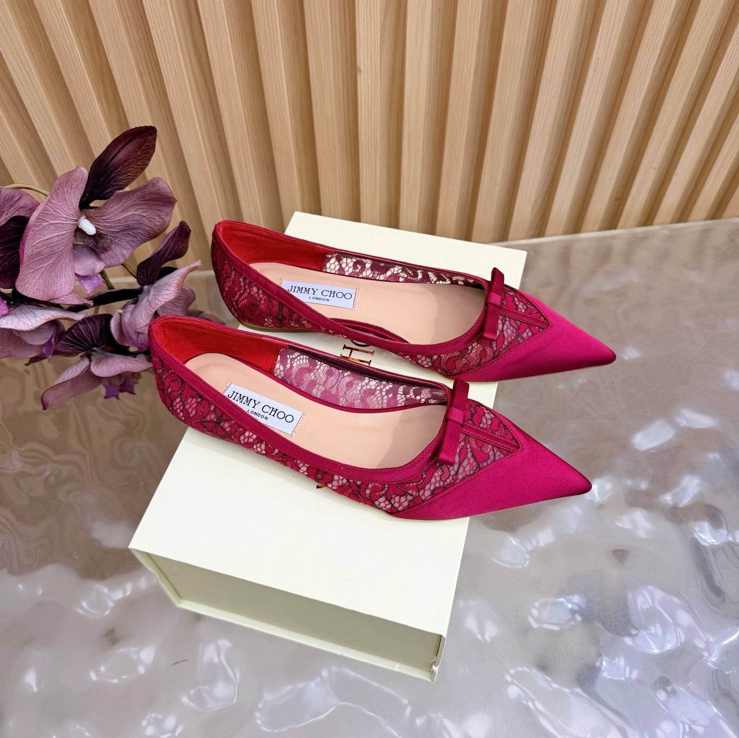JIMMY CHOO 26S FLATS IN RED LACE AND SATIN