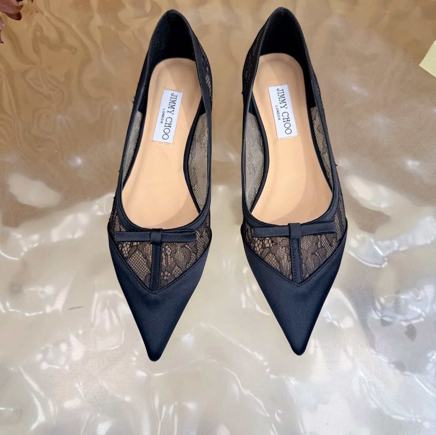 JIMMY CHOO 26S FLATS IN BLACK LACE AND SATIN