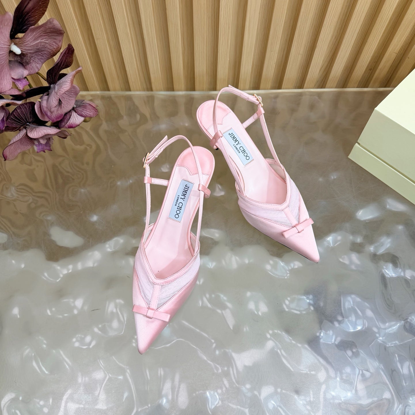 JIMMY CHOO 26S SLINGBACK HEELS 65 MM IN LIGHT PINK MESH AND SATIN