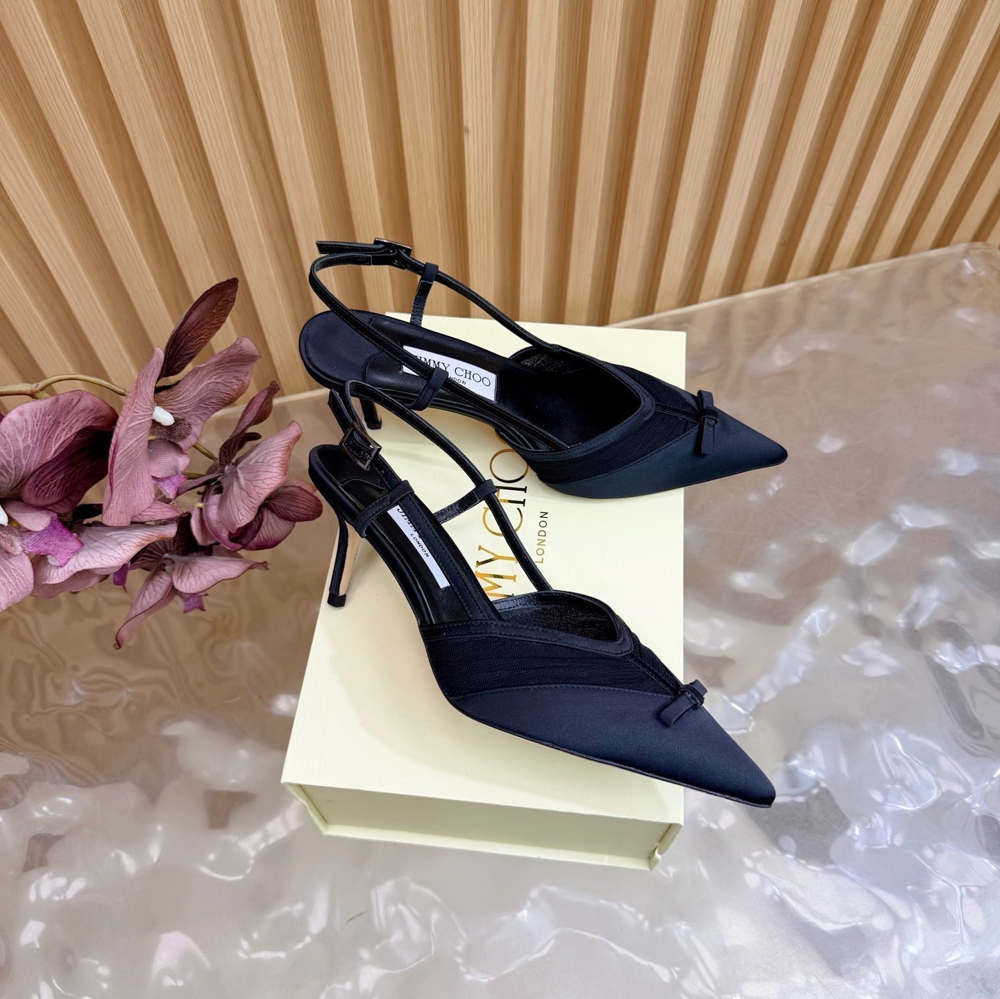 JIMMY CHOO 26S SLINGBACK HEELS 65 MM IN BLACK MESH AND SATIN