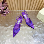 JIMMY CHOO 26S SLINGBACK HEELS 65 MM IN DARK PURPLE MESH AND SATIN