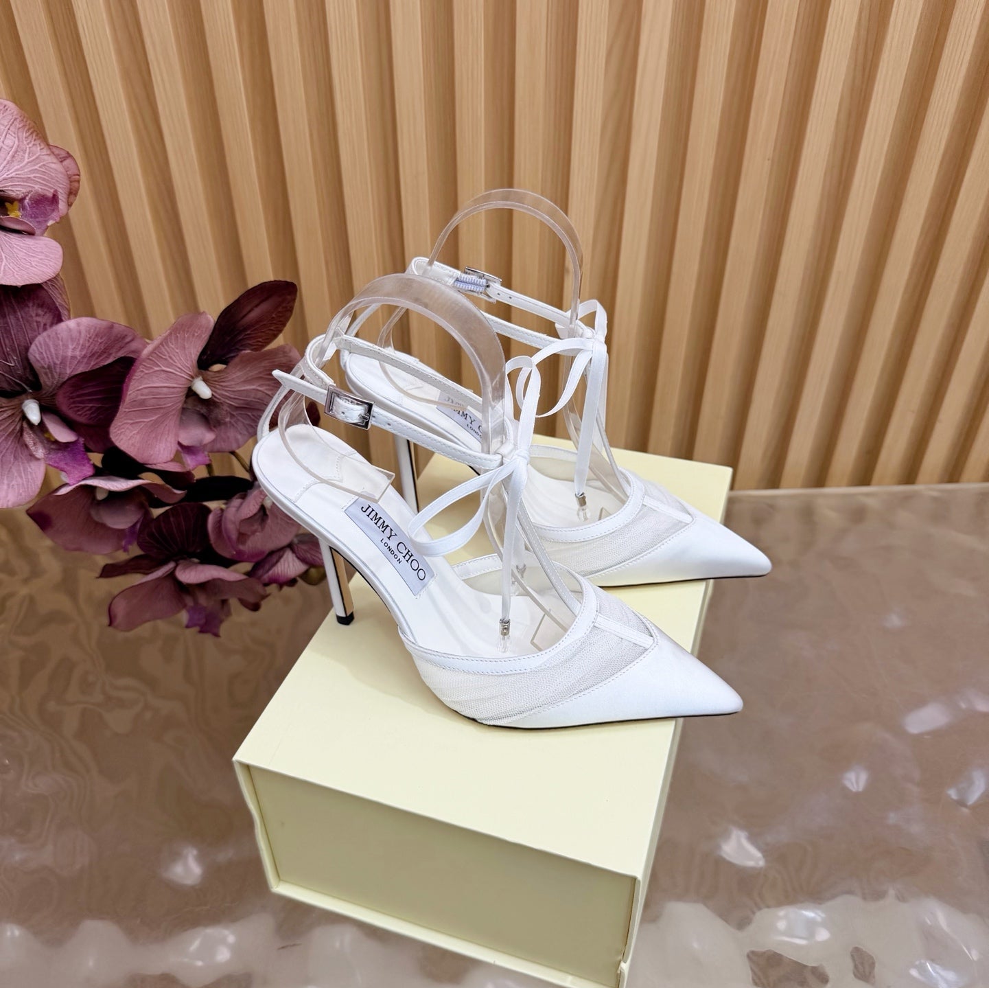 JIMMY CHOO 26S HIGH HEELS 105 MM IN WHITE MESH AND SATIN