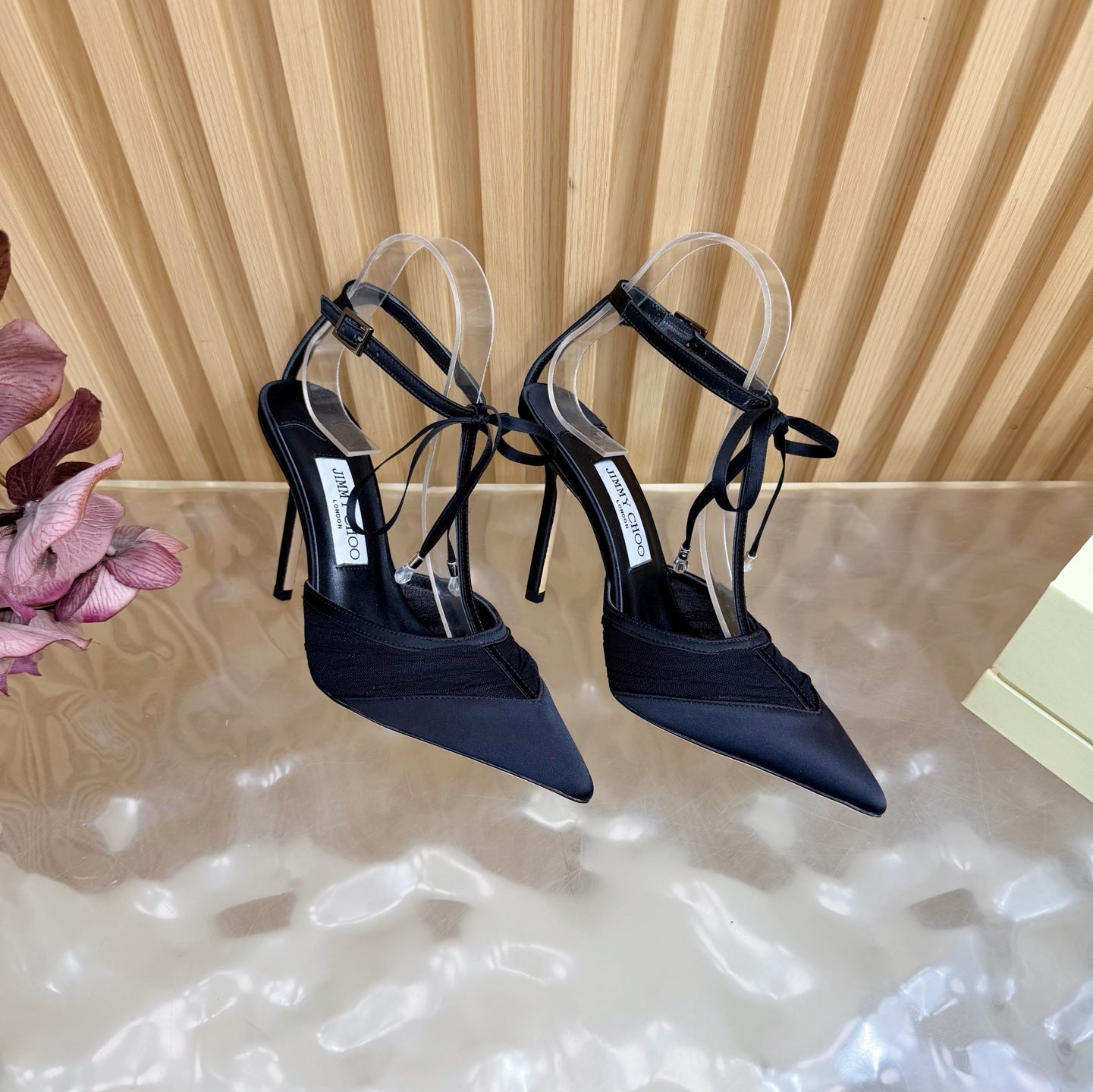 JIMMY CHOO 26S HIGH HEELS 105 MM IN BLACK MESH AND SATIN