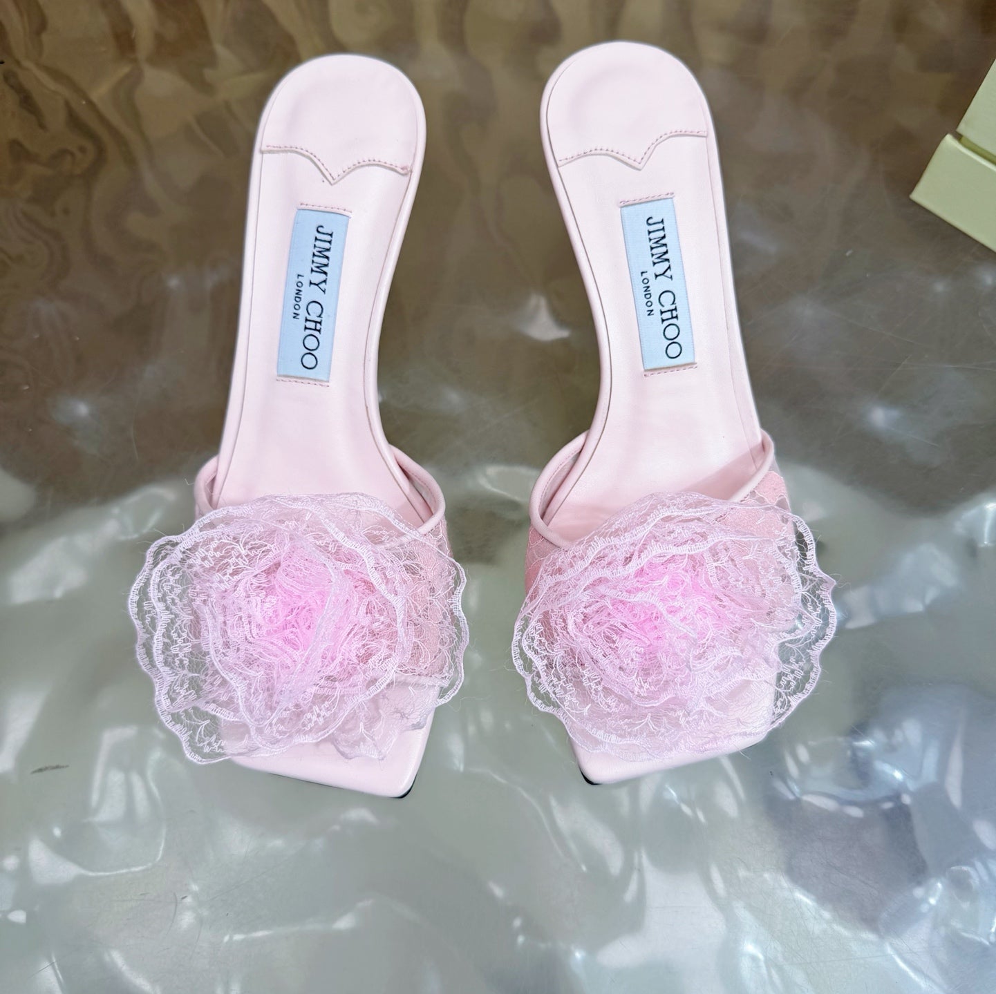 JIMMY CHOO 26S HIGH-HEELED SANDALS 65 MM IN LIGHT PINK LACE FLOWER