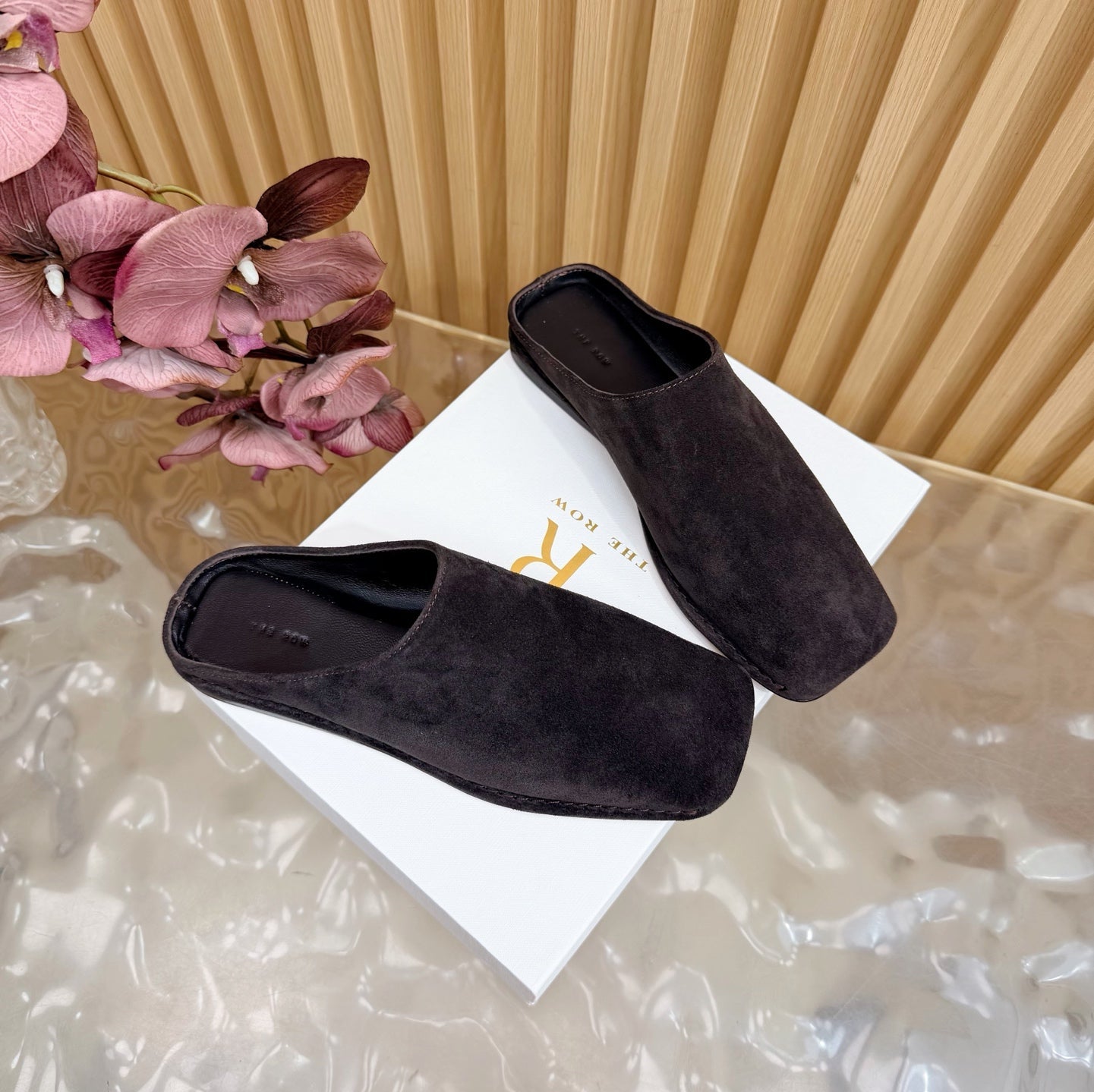 THE ROW 26S SQUARE TOE MULE FLATS IN DARK BROWN SUEDE