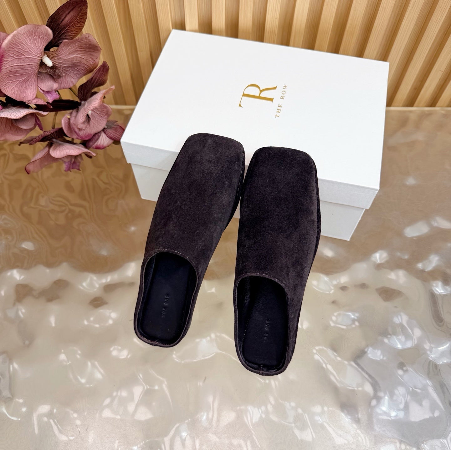 THE ROW 26S SQUARE TOE MULE FLATS IN DARK BROWN SUEDE