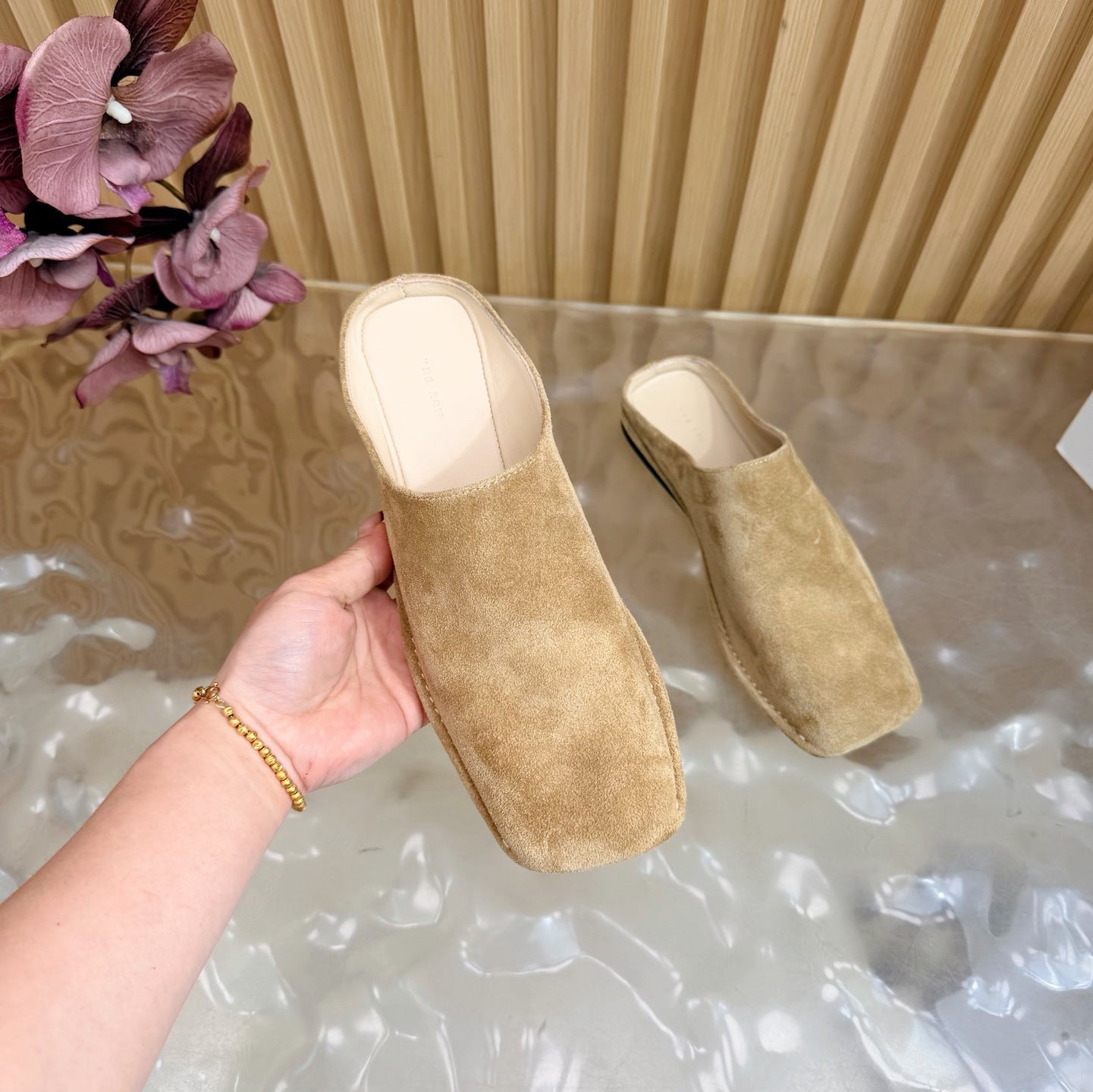 THE ROW 26S SQUARE TOE MULE FLATS IN CAMEL BROWN SUEDE