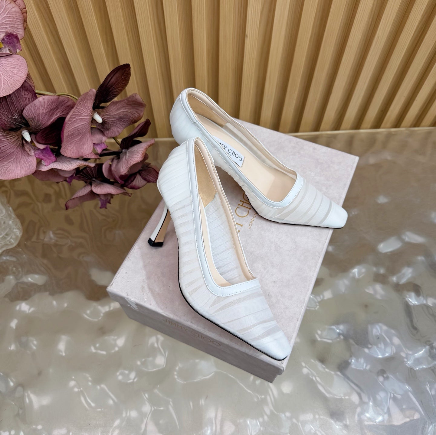 JIMMY CHOO 26S HIGH HEELS 85 MM IN WHITE MESH