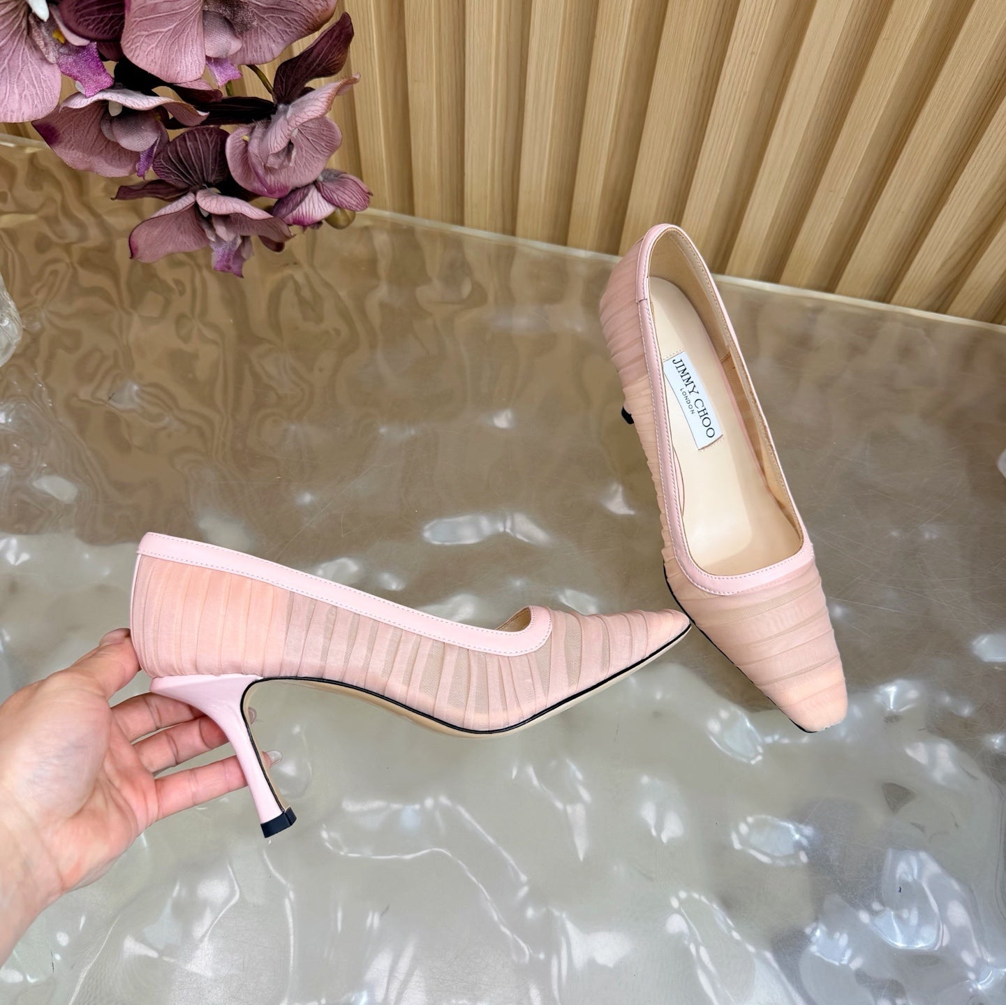 JIMMY CHOO 26S HIGH HEELS 85 MM IN LIGHT PINK MESH