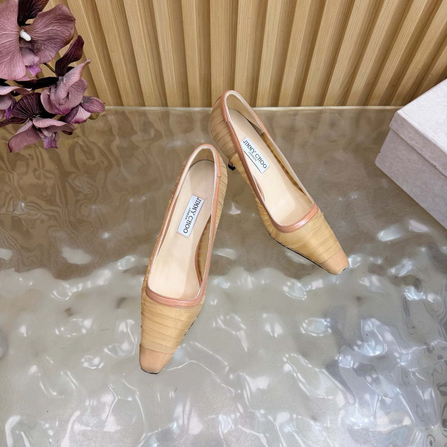 JIMMY CHOO 26S HIGH HEELS 85 MM IN BEIGE NUDE MESH