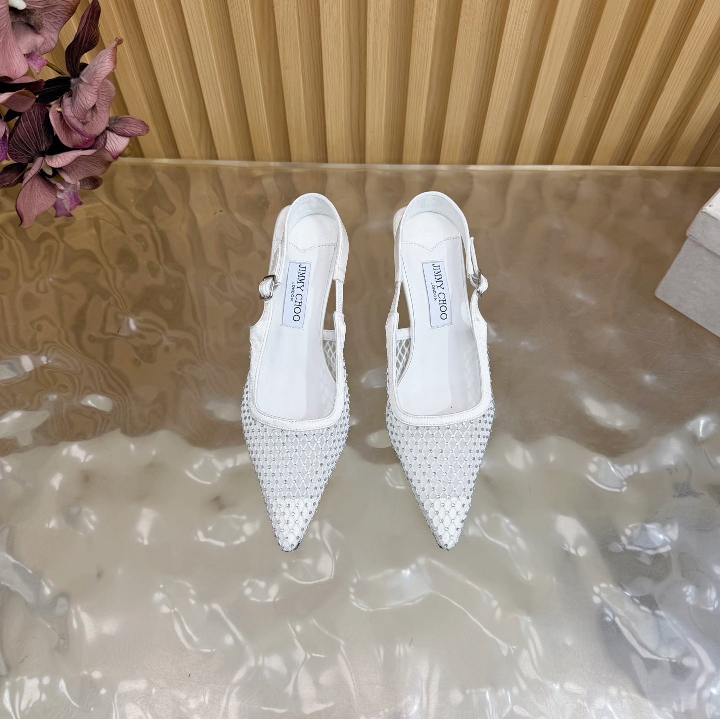 JIMMY CHOO 26S SLINGBACK HEELS 60 MM IN WHITE MESH & CRYSTALS
