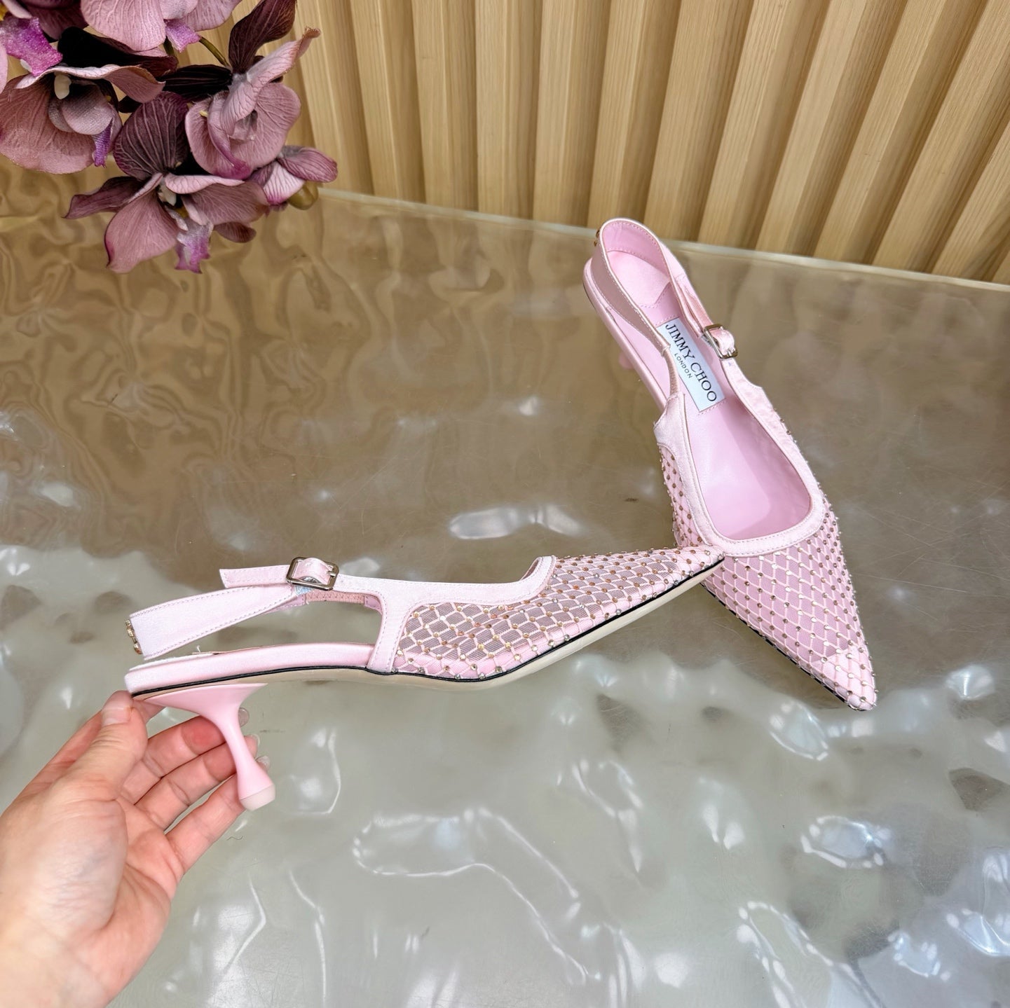 JIMMY CHOO 26S SLINGBACK HEELS 60 MM IN LIGHT PINK MESH & CRYSTALS