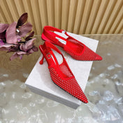 JIMMY CHOO 26S SLINGBACK HEELS 60 MM IN RED MESH & CRYSTALS