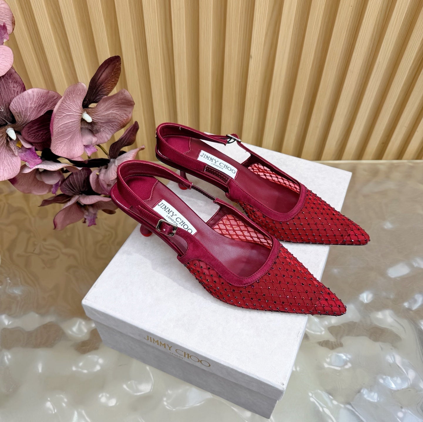 JIMMY CHOO 26S SLINGBACK HEELS 60 MM IN DARK RED MESH & CRYSTALS