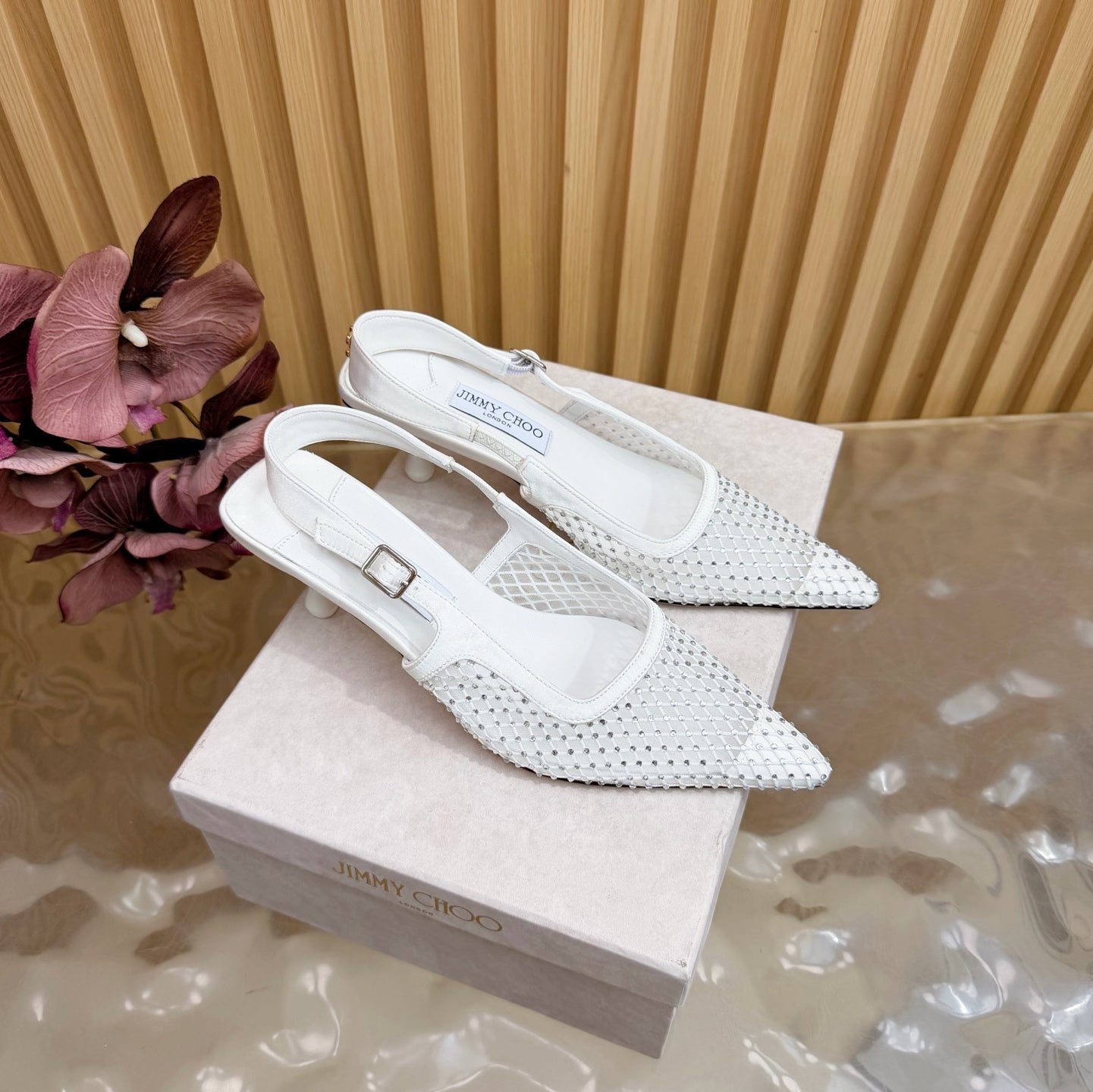 JIMMY CHOO 26S SLINGBACK HEELS 60 MM IN WHITE MESH & CRYSTALS