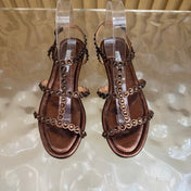 AQUAZZURA 26S FLAT SANDALS IN DARK BRONZE CALFSKIN CRYSTAL EMBELLISHED