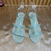 AQUAZZURA 26S FLAT SANDALS IN LIGHT BLUE SNAKESKIN CRYSTAL EMBELLISHED