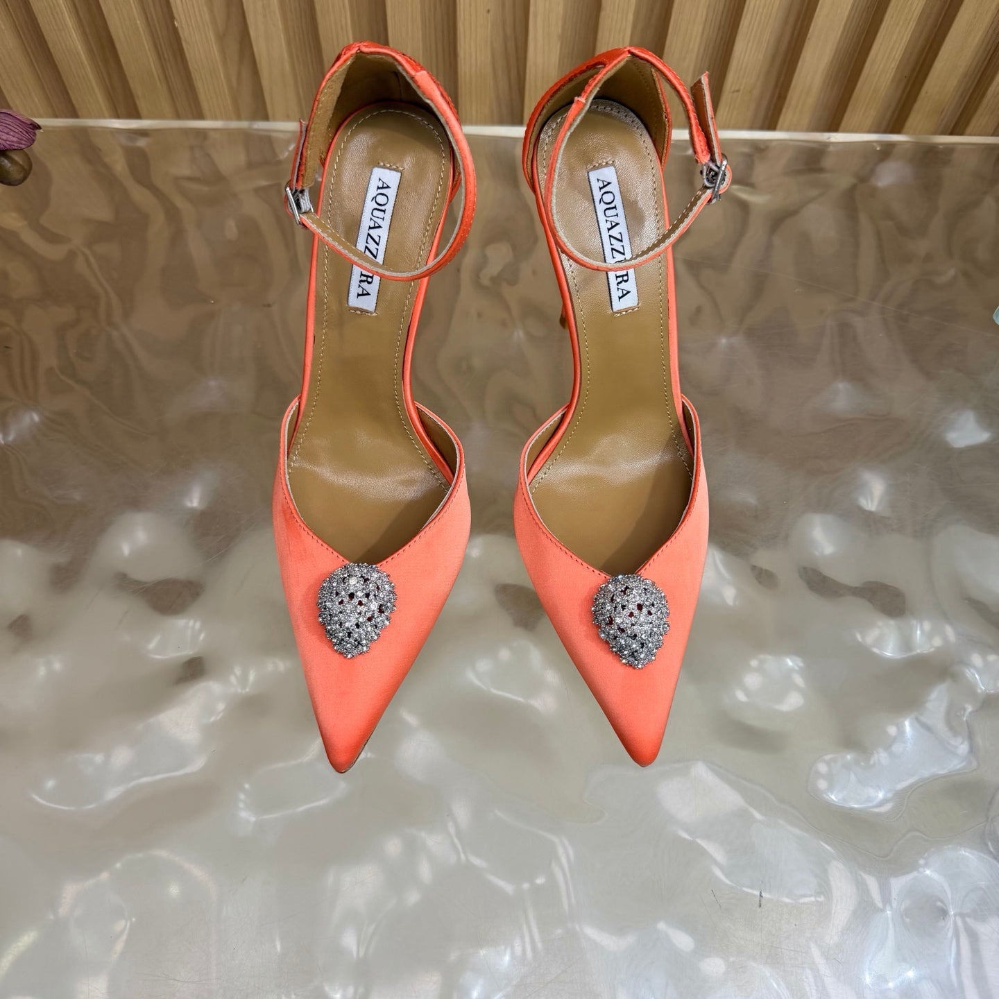AQUAZZURA 26S POINTED-TOE HIGH HEELS 100 MM IN ORANGE SATIN