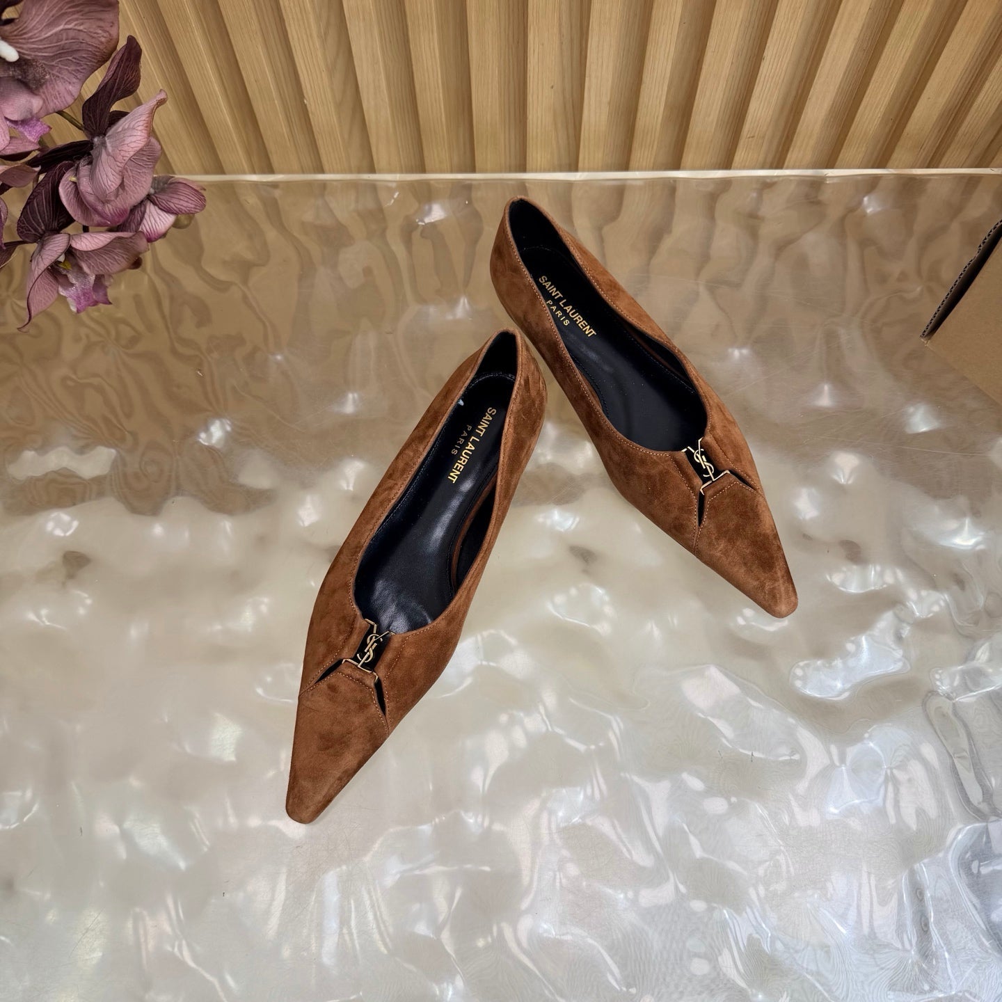 YSL 26S POINTED TOE FLATS IN BROWN SUEDE