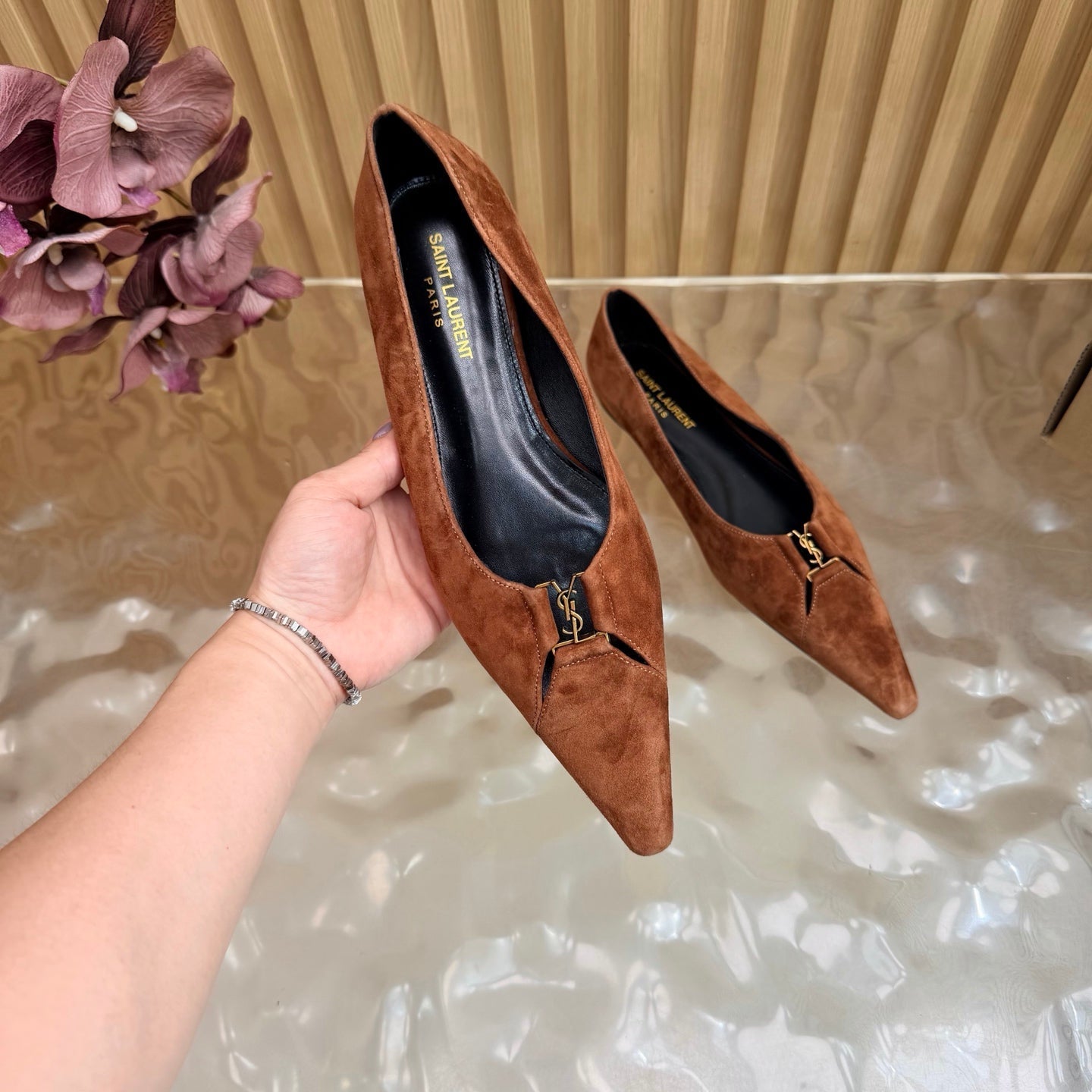 YSL 26S POINTED TOE FLATS IN BROWN SUEDE