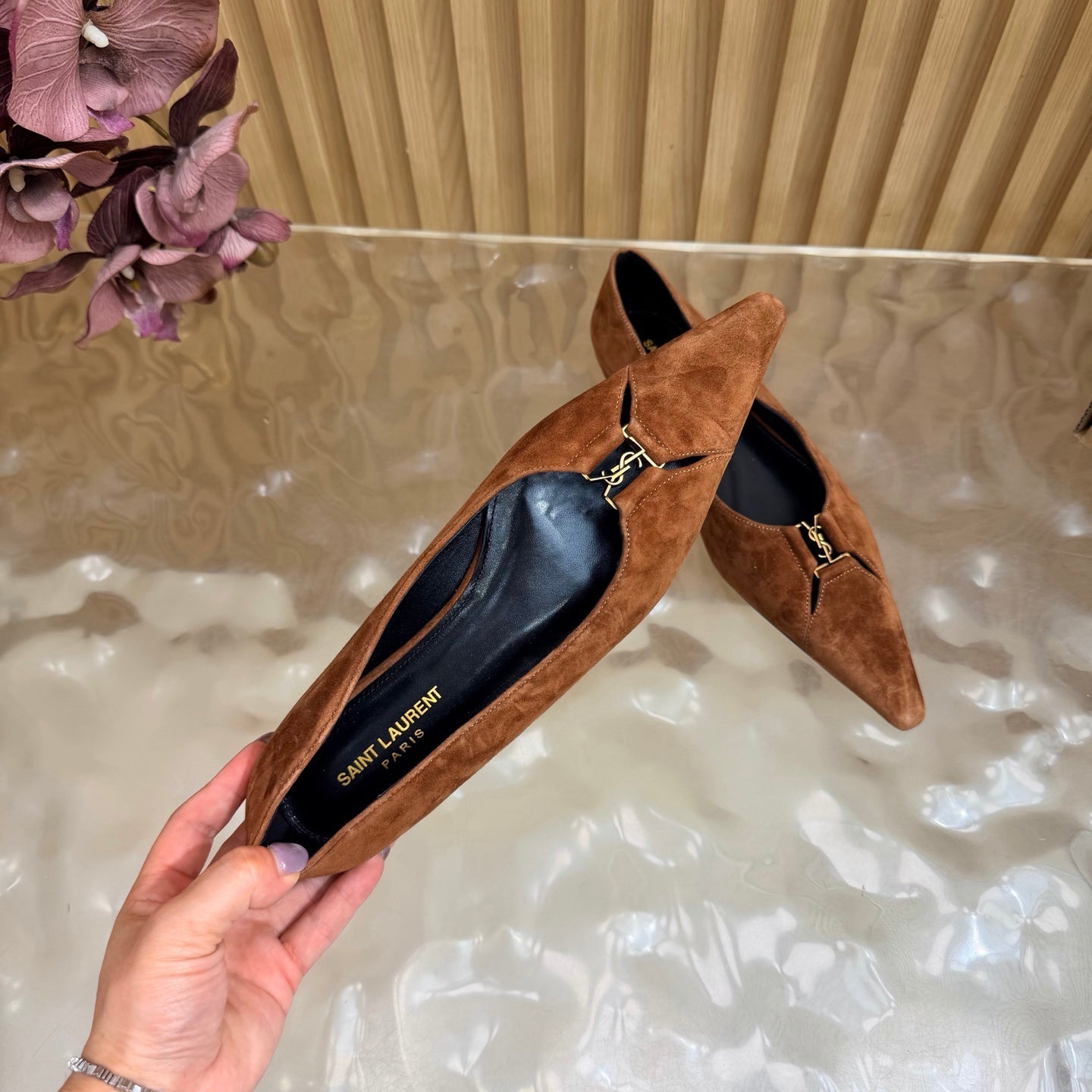 YSL 26S POINTED TOE FLATS IN BROWN SUEDE