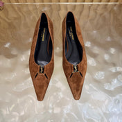 YSL 26S POINTED TOE FLATS IN BROWN SUEDE