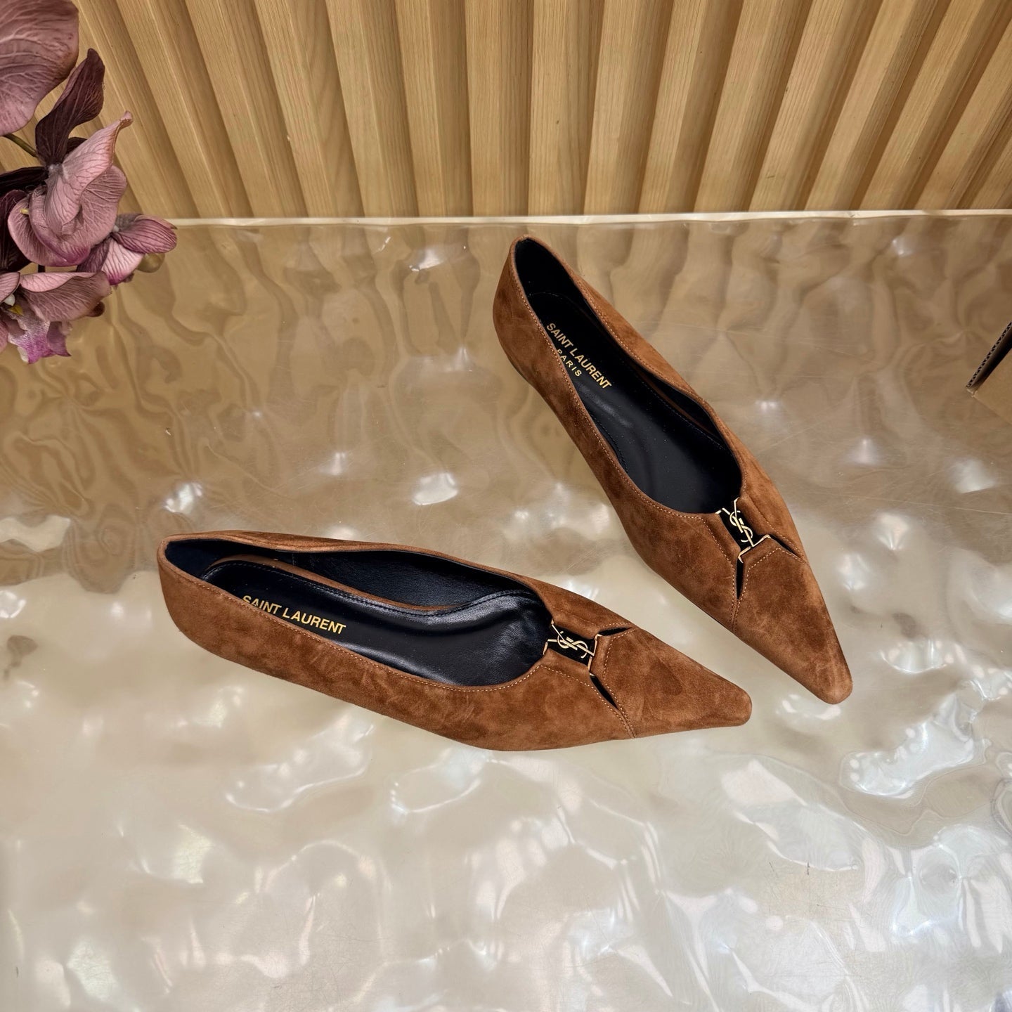YSL 26S POINTED TOE FLATS IN BROWN SUEDE