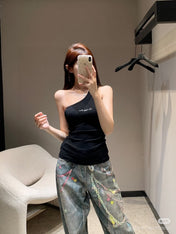 ONE SHOULDER TOP 633201 IN BLACK COTTON
