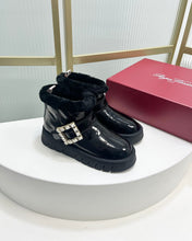 VIV’ WINTER FUR STRASS BUCKLE ANKLE BOOTS IN BLACK PATENT CALFSKIN