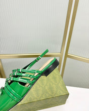 STRAPPY FLAT SLINGBACK IN EMERALD GREEN GLOSSY CALFSKIN