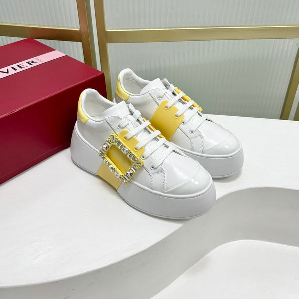 VIV' SKATE SNEAKERS IN WHITE CALFSKIN YELLOW GLITTER STRAP AND CRYSTAL BUCKLE