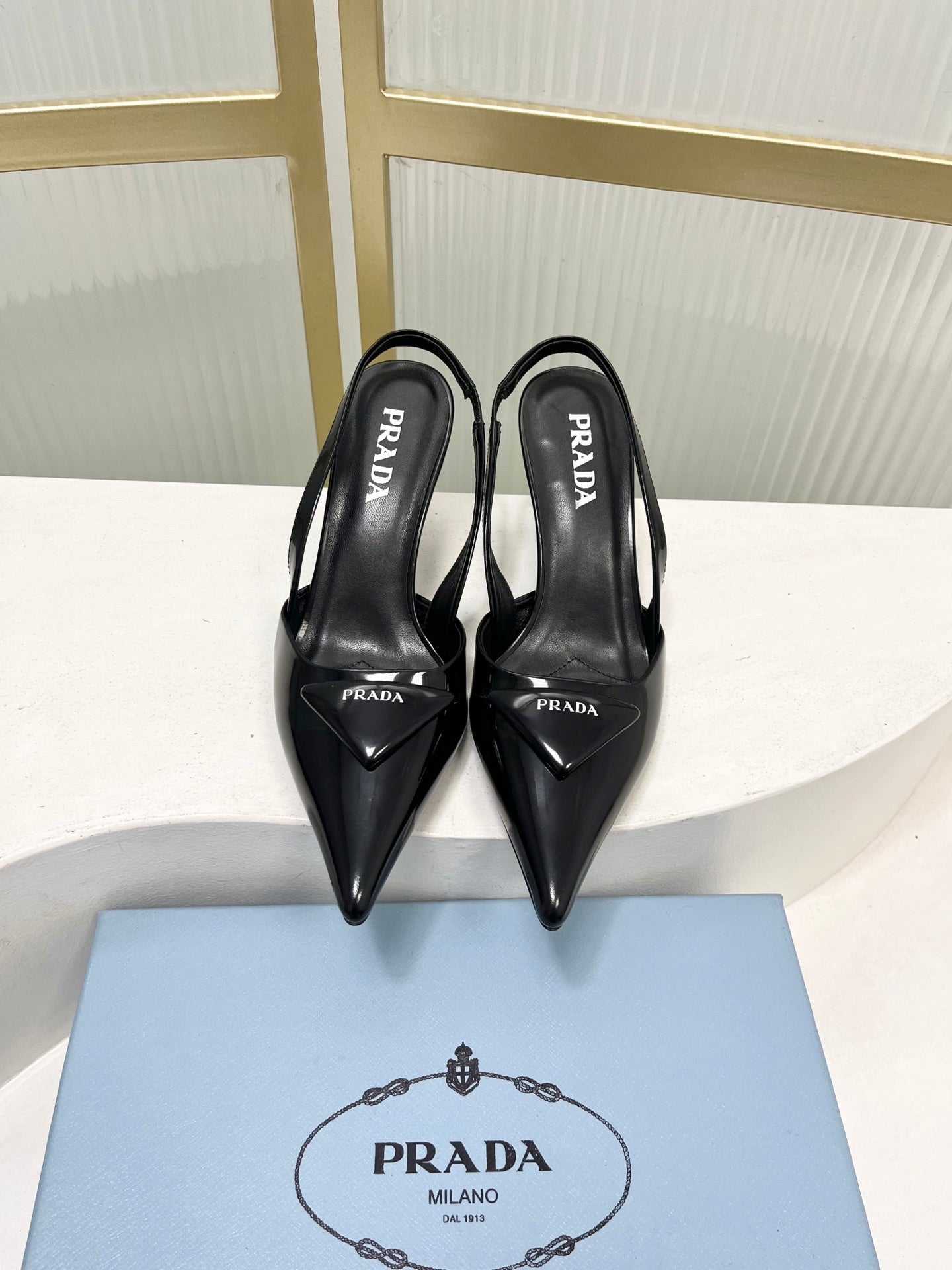 PRADA 26S SLINGBACK HIGH HEEL SANDALS 75MM IN BLACK CALFSKIN WITH LOGO