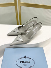 PRADA 26S SLINGBACK HIGH HEEL SANDALS 75MM IN LIGHT GRAY CALFSKIN WITH LOGO