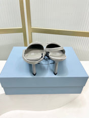 PRADA 26S SLINGBACK HIGH HEEL SANDALS 75MM IN LIGHT GRAY CALFSKIN WITH LOGO