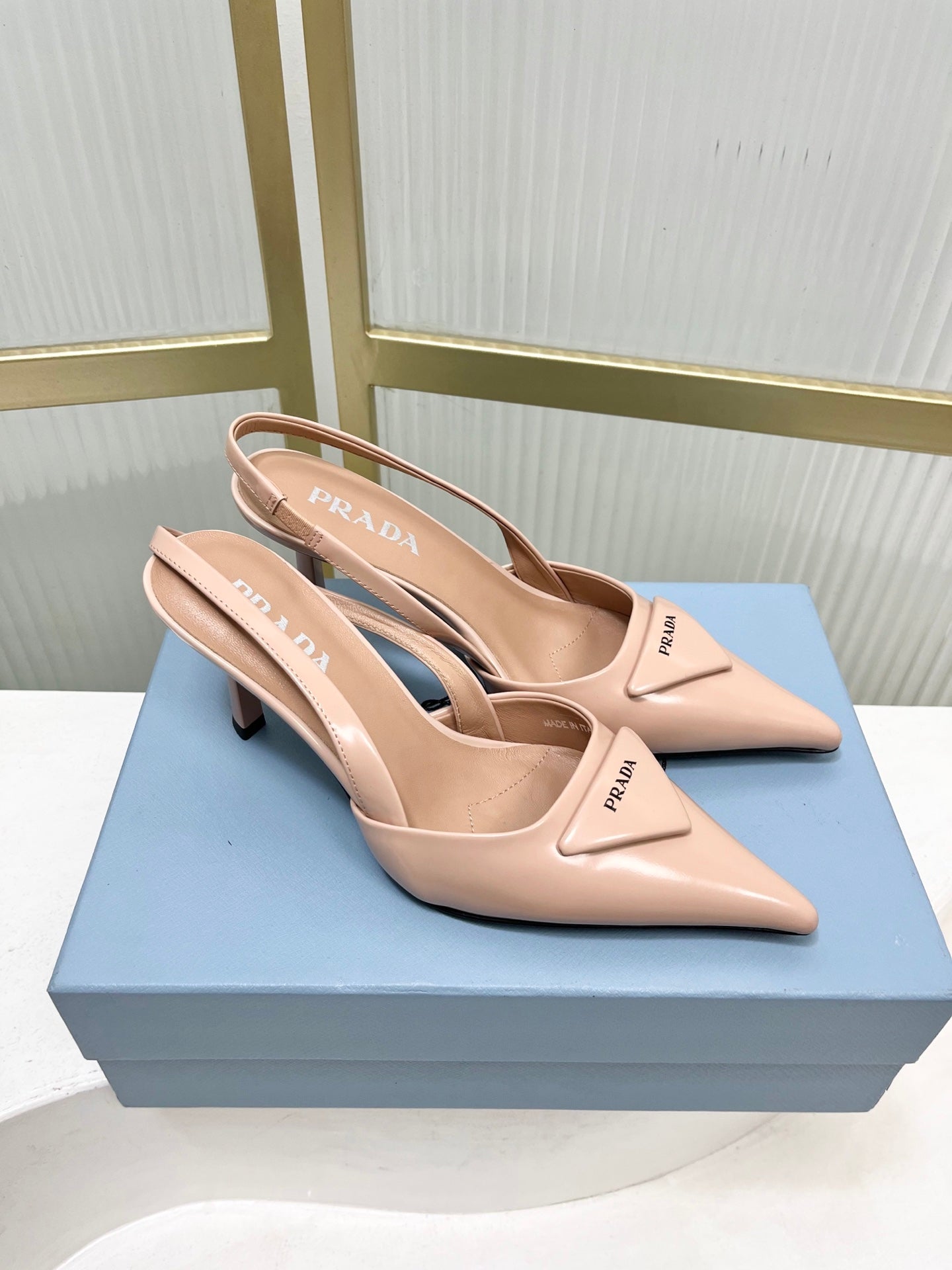 PRADA 26S SLINGBACK HIGH HEEL SANDALS 75MM IN NUDE CALFSKIN WITH LOGO