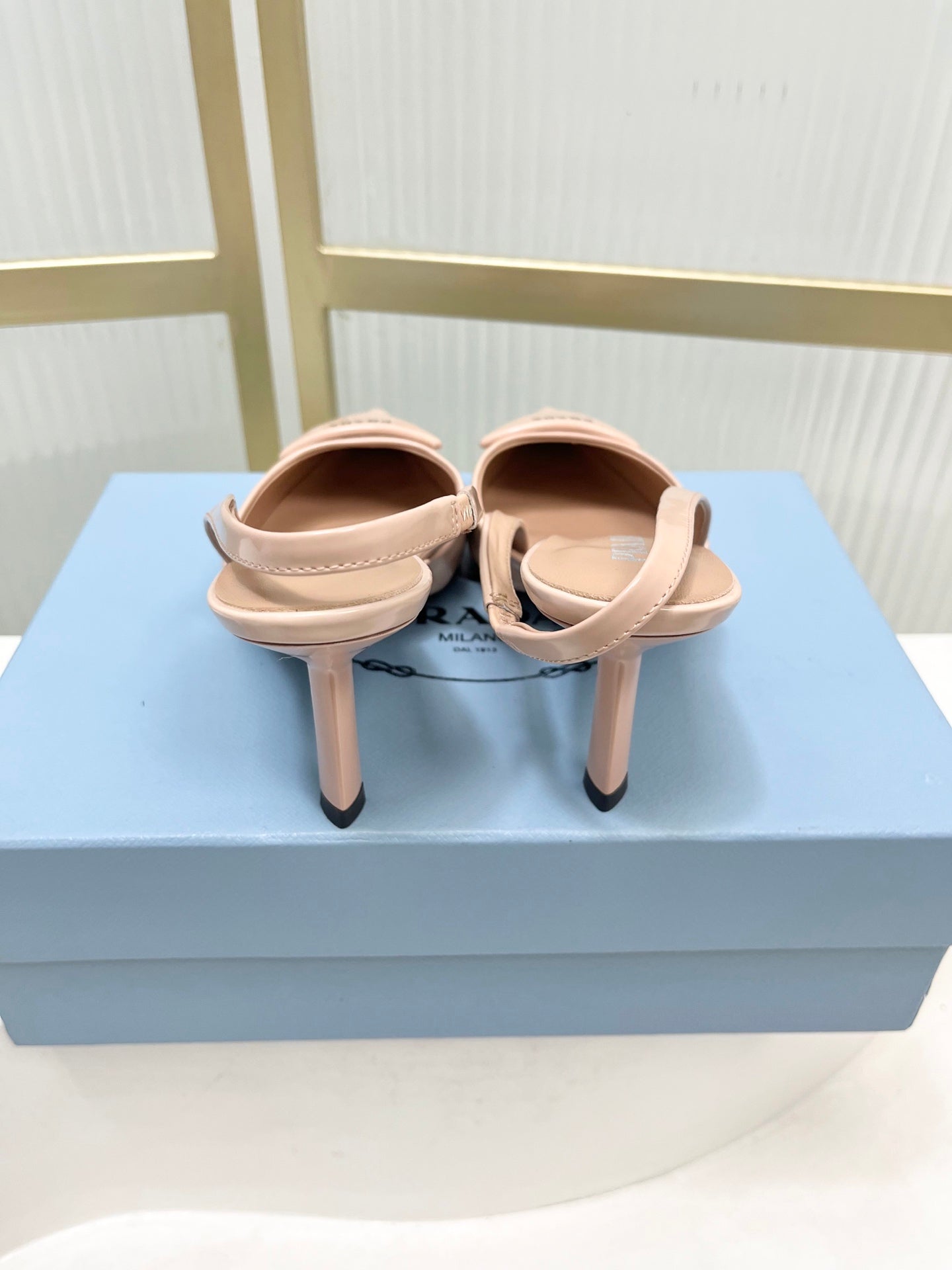 PRADA 26S SLINGBACK HIGH HEEL SANDALS 75MM IN NUDE CALFSKIN WITH LOGO