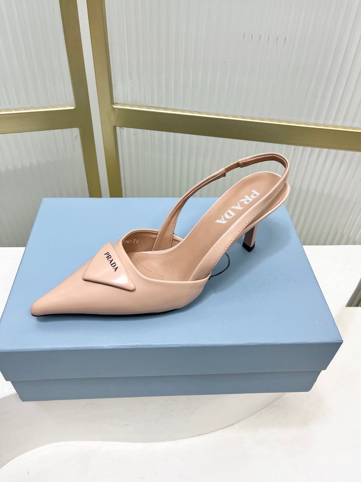 PRADA 26S SLINGBACK HIGH HEEL SANDALS 75MM IN NUDE CALFSKIN WITH LOGO