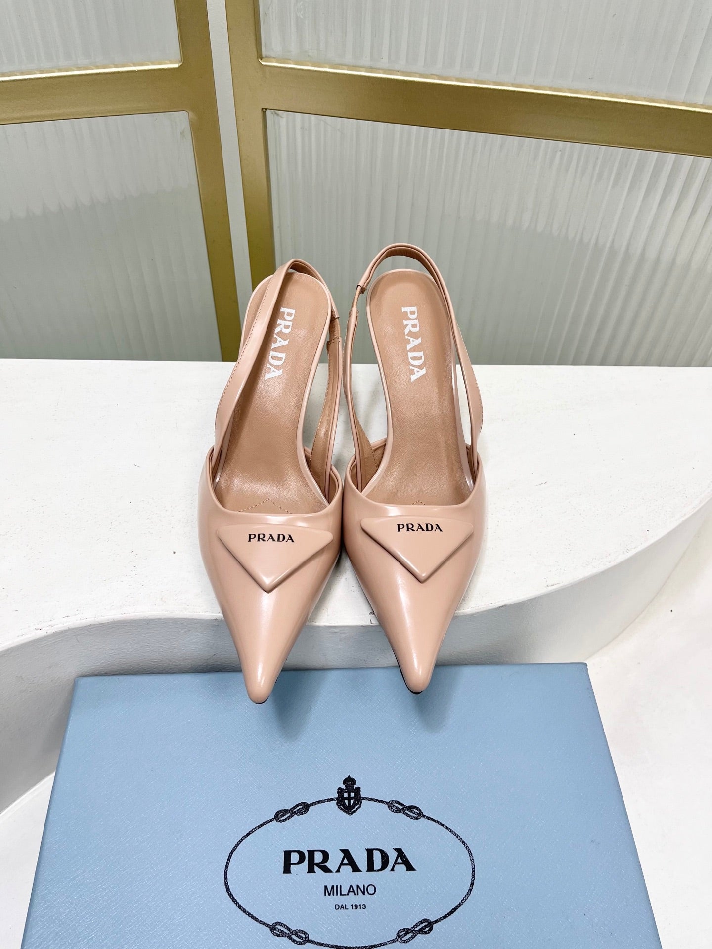 PRADA 26S SLINGBACK HIGH HEEL SANDALS 75MM IN NUDE CALFSKIN WITH LOGO