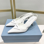 PRADA 26S SLINGBACK HIGH HEEL SANDALS 75MM IN WHITE CALFSKIN WITH LOGO