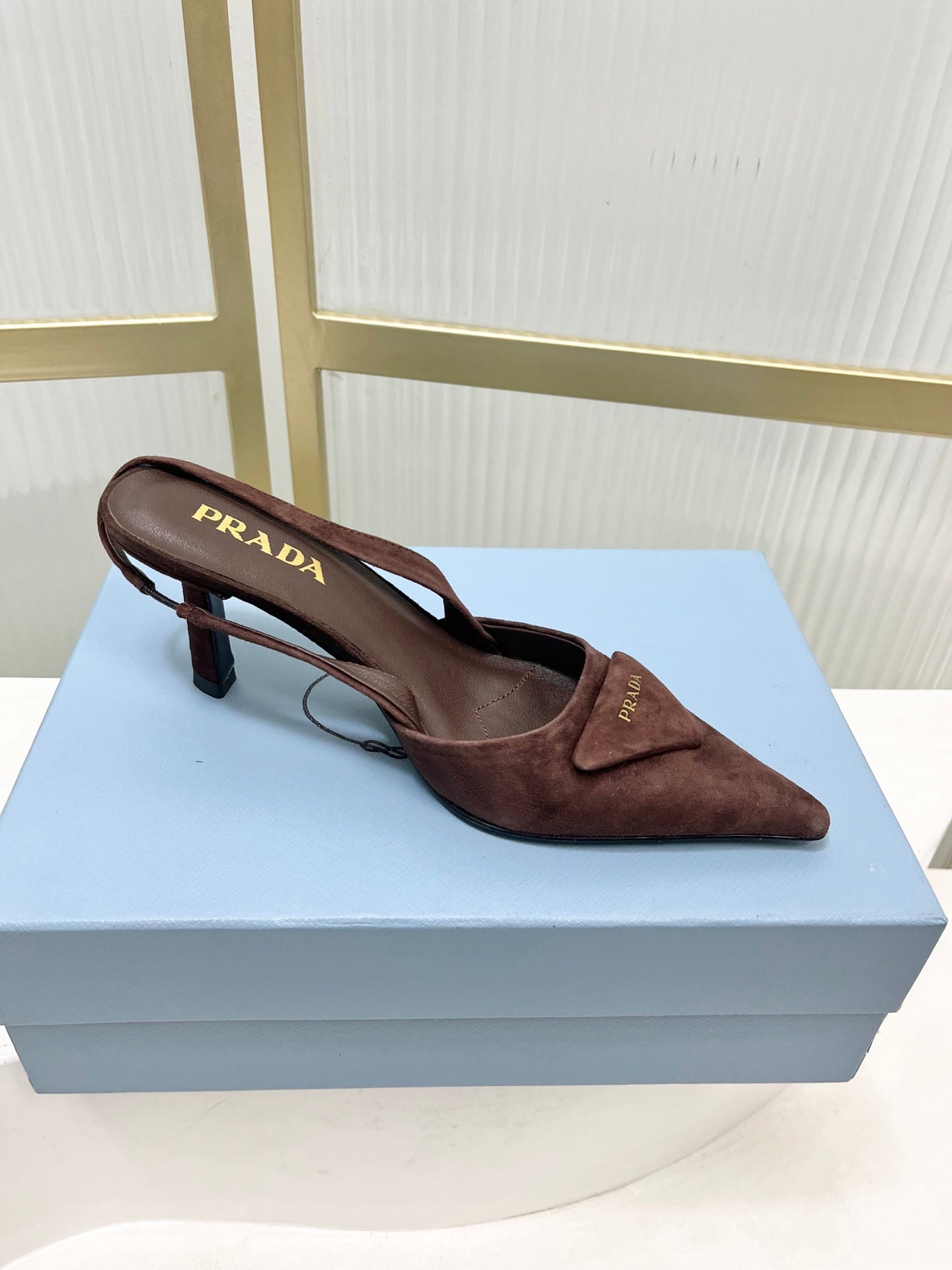 PRADA 26S SLINGBACK HIGH HEEL SANDALS 75MM IN DARK BROWN SUEDE WITH LOGO