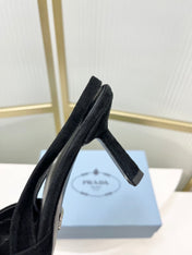 PRADA 26S SLINGBACK HIGH HEEL SANDALS 75MM IN BLACK SUEDE WITH LOGO