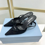 PRADA 26S SLINGBACK HIGH HEEL SANDALS 75MM IN BLACK SUEDE WITH LOGO