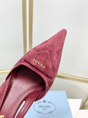 PRADA 26S SLINGBACK HIGH HEEL SANDALS 75MM IN DARK RED SUEDE WITH LOGO