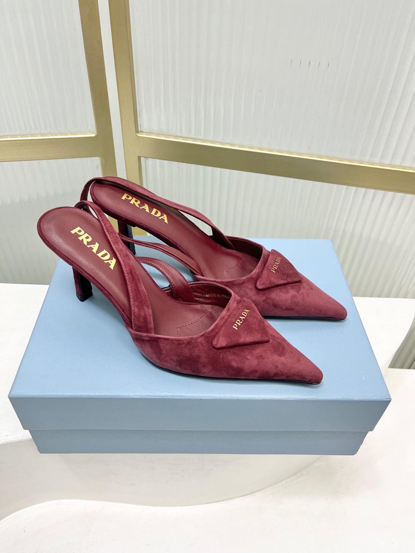 PRADA 26S SLINGBACK HIGH HEEL SANDALS 75MM IN DARK RED SUEDE WITH LOGO