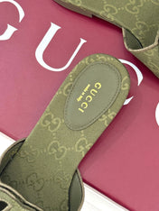 SLIDE SANDALS IN MOSS GREEN FABRIC EMBOSSED LOGO STYLE 2