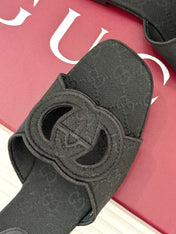 SLIDE SANDALS IN BLACK FABRIC EMBOSSED LOGO STYLE 1